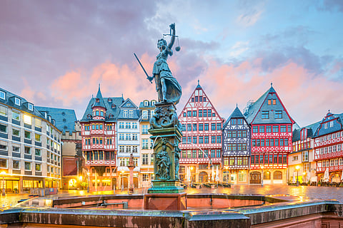 Old town square, Romerberg in Frankfurt, Germany at twilight