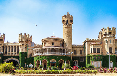 The front facade of the Tudor-style Bangalore Palace