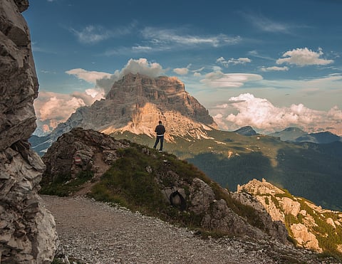 Monte Pelmo as seen from Rifugio Coldai, on the Alta Via 1 classic trek in the Dolomites, Italy