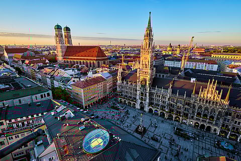 The Marienplatz, Neues Rathaus and Frauenkirche seen from St. Peter's church in Munich, Germany