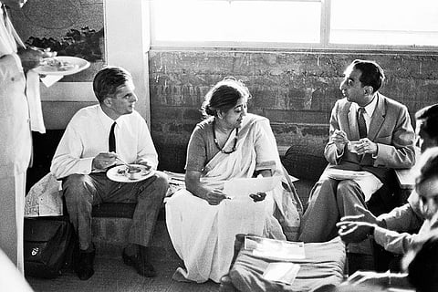 Pupul Jayakar (center) with Freid Otto (left) and Jamshed Bhabha (right)
