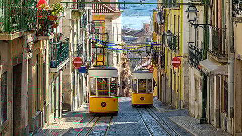 Elevador da Glória funicular in Lisbon, linking downtown to Bairro Alto.