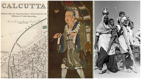 A collage of old maps, faded colonial survey sheets, Buddhist pilgrimage routes, and Partition-era homes, symbolising how cartography connects lost geographies, heritage, and memory