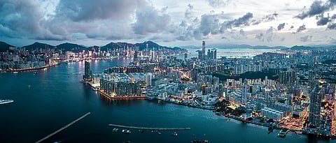 An aerial view of Hong Kong's Victoria Harbour and Kowloon Bay