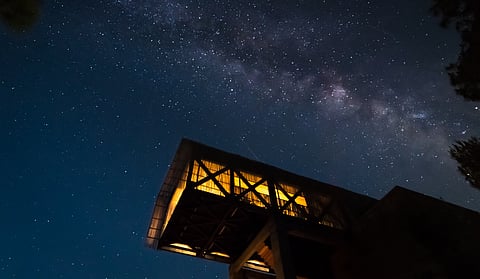 The Kumaon's cantilevered restaurant offers breathtaking views during the day as well as night