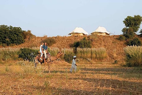A villager introduces foreign guests to rural life at Chhatra Sagar