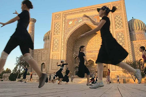 Young dancers practise in Registan Square for the 2,750th anniversary of Samarkand