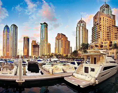 Yachts docked at the Dubai Marina