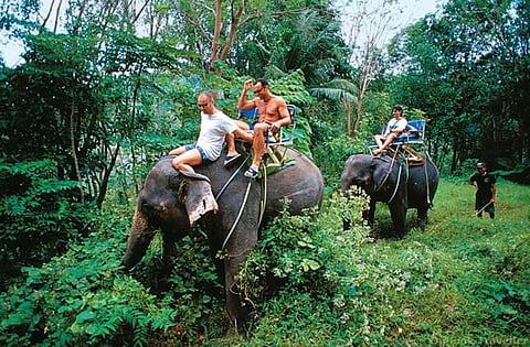 Tourists take a joyride at the Elephant Camp in Phuket