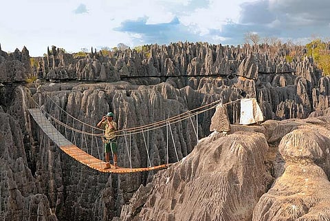 A hanging bridge in the Tsingy de Bemaraha National Park, Madagascar