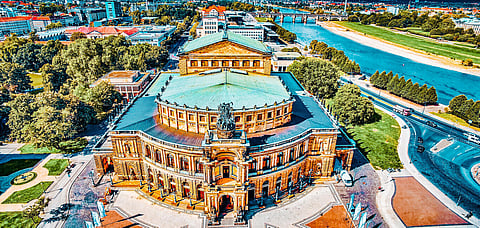 An aerial shot of Semperoper Opera House in Saxony, Germany