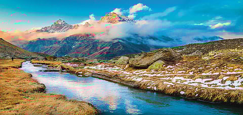 Tapovan during a beautiful sunset and floating clouds