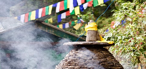 Prayer flags flutter in the wind