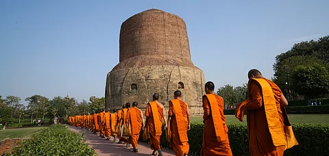 Buddhist monks visiting Sarnath in Uttar Pradesh