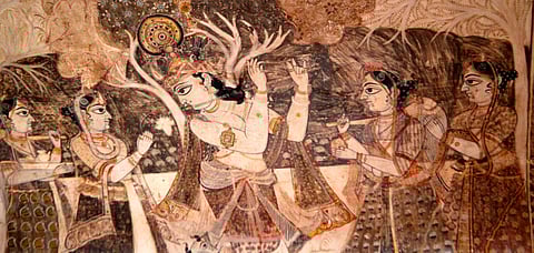 A painting depicting a scene from Krishnaleela