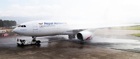 The ceremonial water-salute of Airbus A330-200 Annapurna at Tribhuvan International Airport, Kathmandu