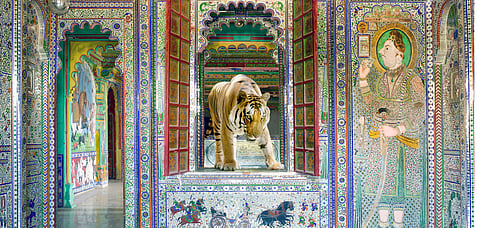 A photograph from Karen Knorr's India Songs series titled Shakti, taken in Sheesh Mahal, Dungarpur's Juna Mahal in 2013 and Banerghatta National Park
