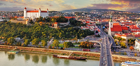 Aerial view of Bratislava, Slovakia at sunset