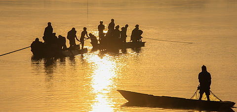 Sweet water fishing activity at lake Dalpat Sagar in Jagdalpur, Bastar, Chhattisgarh