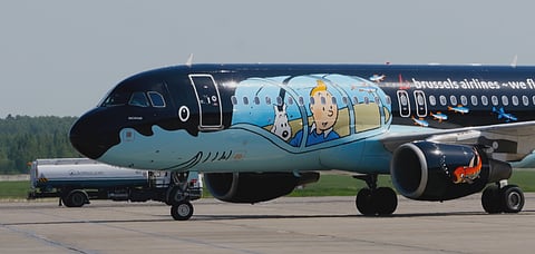 A Brussels Airlines Airbus A320 OO-SNB special featuring Tintin livery at Domodedovo airport