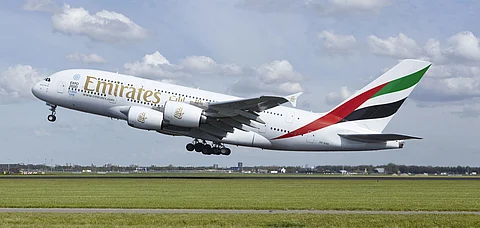 An Emirates airplane taking off