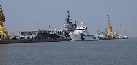 INS Viraat anchored in Mumbai port along with other coast guard ships