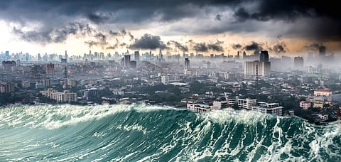 A tsunami ravaging a city (conceptual natural disaster)