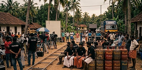 എൽപിജി സിലിണ്ടർ ക്ഷാമം മൂലം ഫിലിം ഷൂട്ടിങ് മുടങ്ങിയതിനെക്കുറിച്ചുള്ള പ്രതീകാത്മക ചിത്രം. എഐ ഉപയോഗിച്ച് തയ്യാറാക്കിയത്