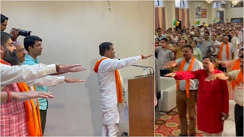 সাংবাদিক সুরেশ চাভাঙ্কের সাথে মিলিতভাবে শপথ নিচ্ছেন বিজেপি বিধায়ক, শপথ নিচ্ছেন দর্শকরাও (ডানদিকে)