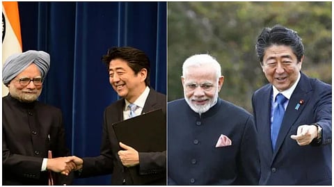 মনমোহন সিং এবং নরেন্দ্র মোদীর সাথে শিনজো আবে