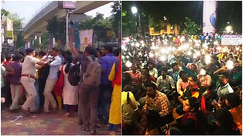 মোবাইলের ফ্ল্যাশ লাইট জ্বেলে চলছে বিক্ষোভ