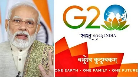 প্রধানমন্ত্রী নরেন্দ্র মোদী এবং G-20 সম্মেলনের লোগো
