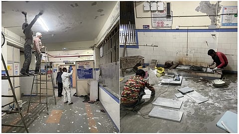 হাসপাতাল রং করা হচ্ছে, মেঝেতে টাইলস বসানো হচ্ছে