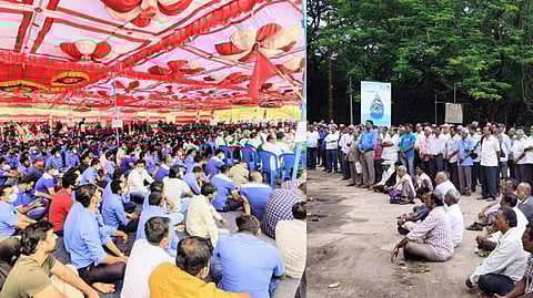 ইস্পাত কারখানার বাইরে বিক্ষোভ দেখিয়েছেন কর্মীরা।