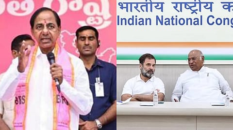 কে. চন্দ্রশেখর রাও (বামদিকে) এবং রাহুল গান্ধী ও মল্লিকার্জুন খাড়গে