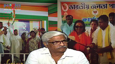 (বামদিকে) বিজেপি ছেড়ে তৃণমূলে দীপেন প্রামাণিক এবং (ডানদিকে) বিজেপিতে যোগ মিতালি রায়ের