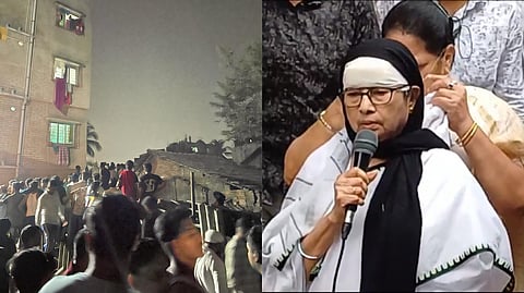 ঝুপড়ির উপর ভেঙে পড়েছে বহুতল (বামদিকে) এবং ঘটনাস্থল পরিদর্শনে মুখ্যমন্ত্রী (ডানদিকে)