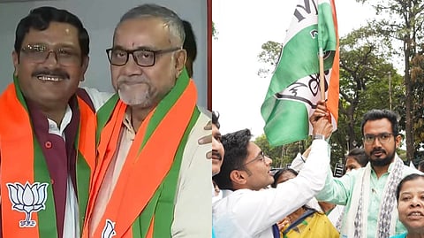 বিজেপিতে যোগ তাপস রায়ের (বামদিকে) এবং তৃণমূলে যোগ মুকুটমণি অধিকারীর