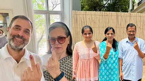 রাহুল ও সোনিয়া গান্ধী (বাঁদিকে) এবং কেজরিওয়াল ও তাঁর পরিবার (ডানদিকে)