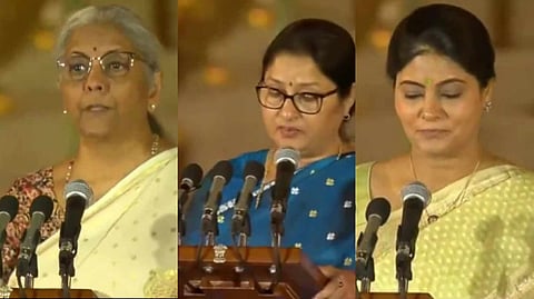 নির্মলা সীতারমন (বাঁদিকে), অন্নপূর্ণা দেবী (মাঝে) এবং অনুপ্রিয়া প্যাটেল (ডানদিকে)