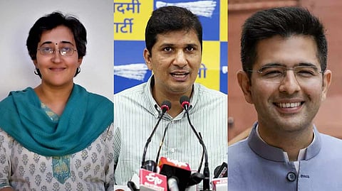 অতিশী মারলেনা (বাঁদিকে), সৌরভ ভরদ্বাজ (মাঝে) এবং রাঘব চাড্ডা (ডানদিকে)