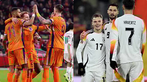 বামদিকে নেদারল্যান্ডস দল ও ডানদিকে জার্মানি দল