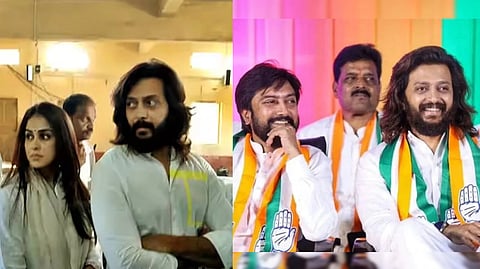 ভোটকেন্দ্রে স্ত্রী জেনেলিয়া ডিসুজাকে নিয়ে রীতেশ (বামদিকে) এবং ভাইয়ের হয়ে প্রচারে রীতেশ (ডানদিকে)