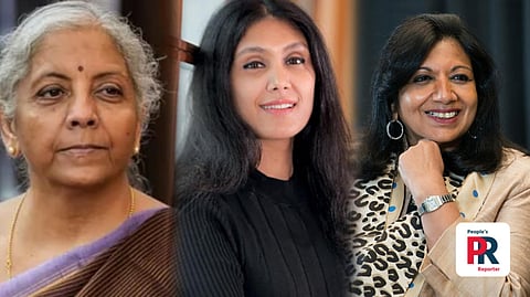 কেন্দ্রীয় অর্থমন্ত্রী নির্মলা সীতারমন, রোশনি নাদার মালহোত্রা এবং কিরণ মজুমদার শ