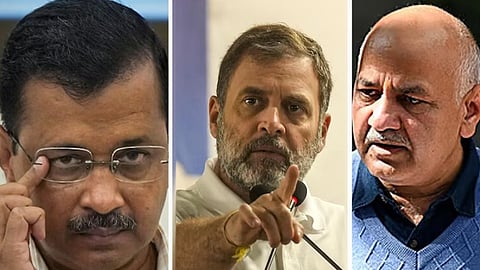 অরবিন্দ কেজরিওয়াল, রাহুল গান্ধী ও মনীশ সিসোদিয়া