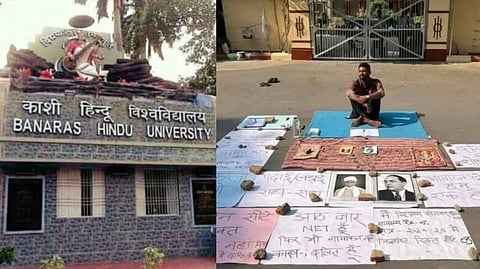 উপাচার্যের বাসভবনের সামনে ধর্নায় বসেছেন শিবম সোনকার (ডানদিকে)