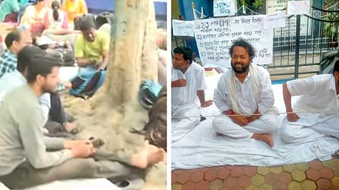 গান্ধীমূর্তির পাদদেশে অবস্থান বিক্ষোভ (বাঁদিকে), এসএসসি ভবনের সামনে অনশন (ডানদিকে)