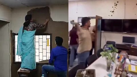 ক্লাসে গোবর লেপার ছবি (বামদিকে)