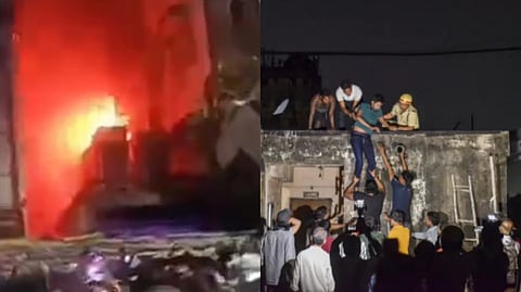 জ্বলছে হোটেল (বামদিকে), ছাদ থেকে উদ্ধার করা হচ্ছে বাসিন্দাদের (ডানদিকে)