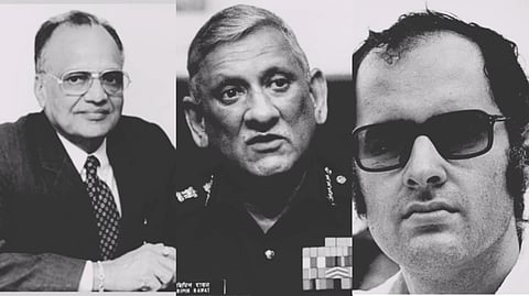 ওপি জিন্দাল, সঞ্জয় গান্ধী এবং বিপিন রাওয়াত (বাঁদিক থেকে)